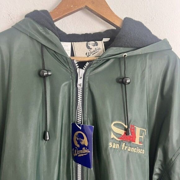 Vintage 90s Zip Up Raincoat San Francisco Embroidered Mens Fleece Lined Green M - Picture 12 of 12